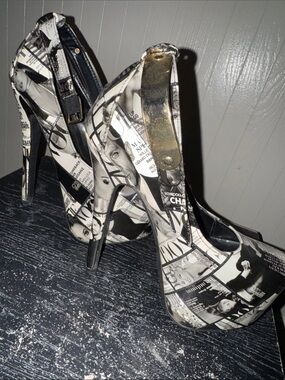 High Heel Platform Pumps in Black & White Newsprint